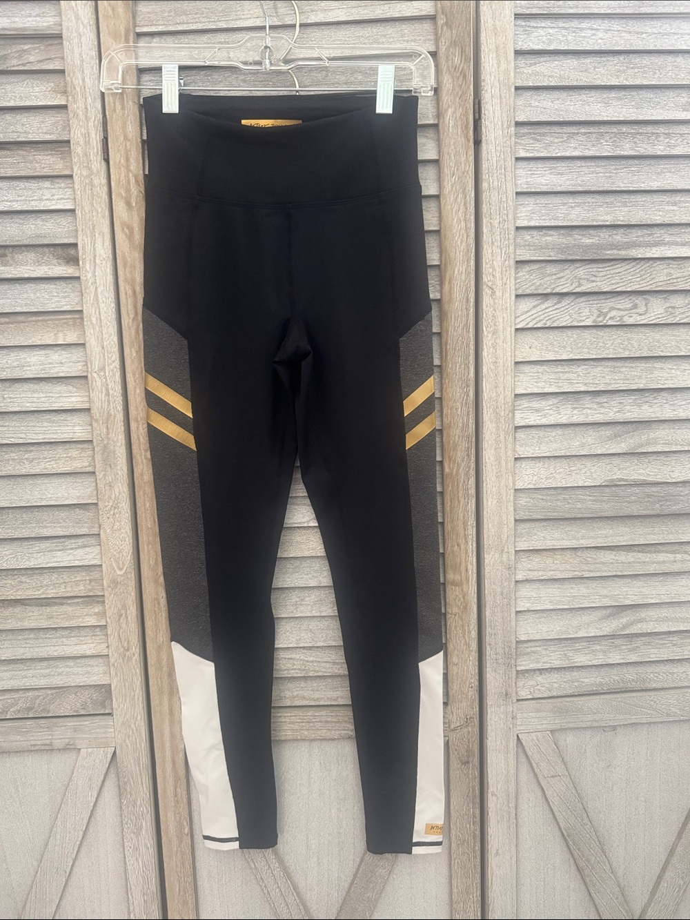Betsy Johnson Black Performance Leggings with Gold Accent/Gray and white size XS